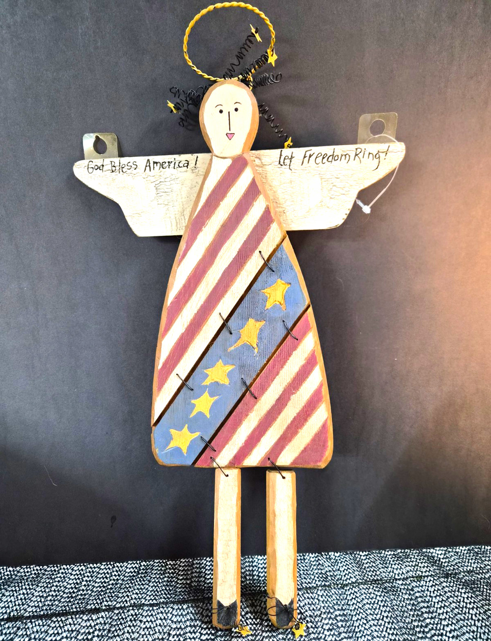 Hand Painted Patriotic Angel Wood/Metal Figurine 30 in "God Bless America"